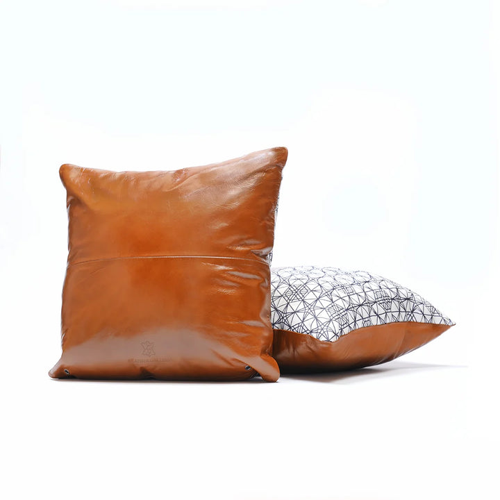 Geometric Fabric & Tan Genuine Leather Cushion