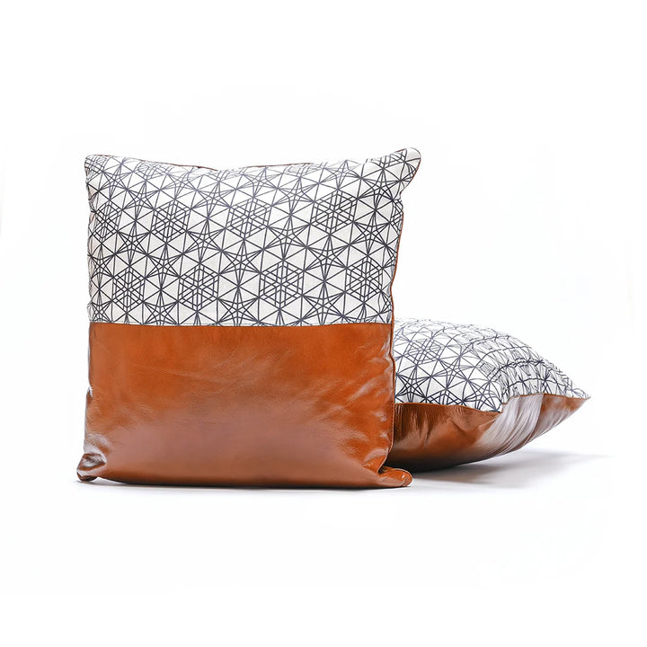 Geometric Fabric & Tan Genuine Leather Cushion