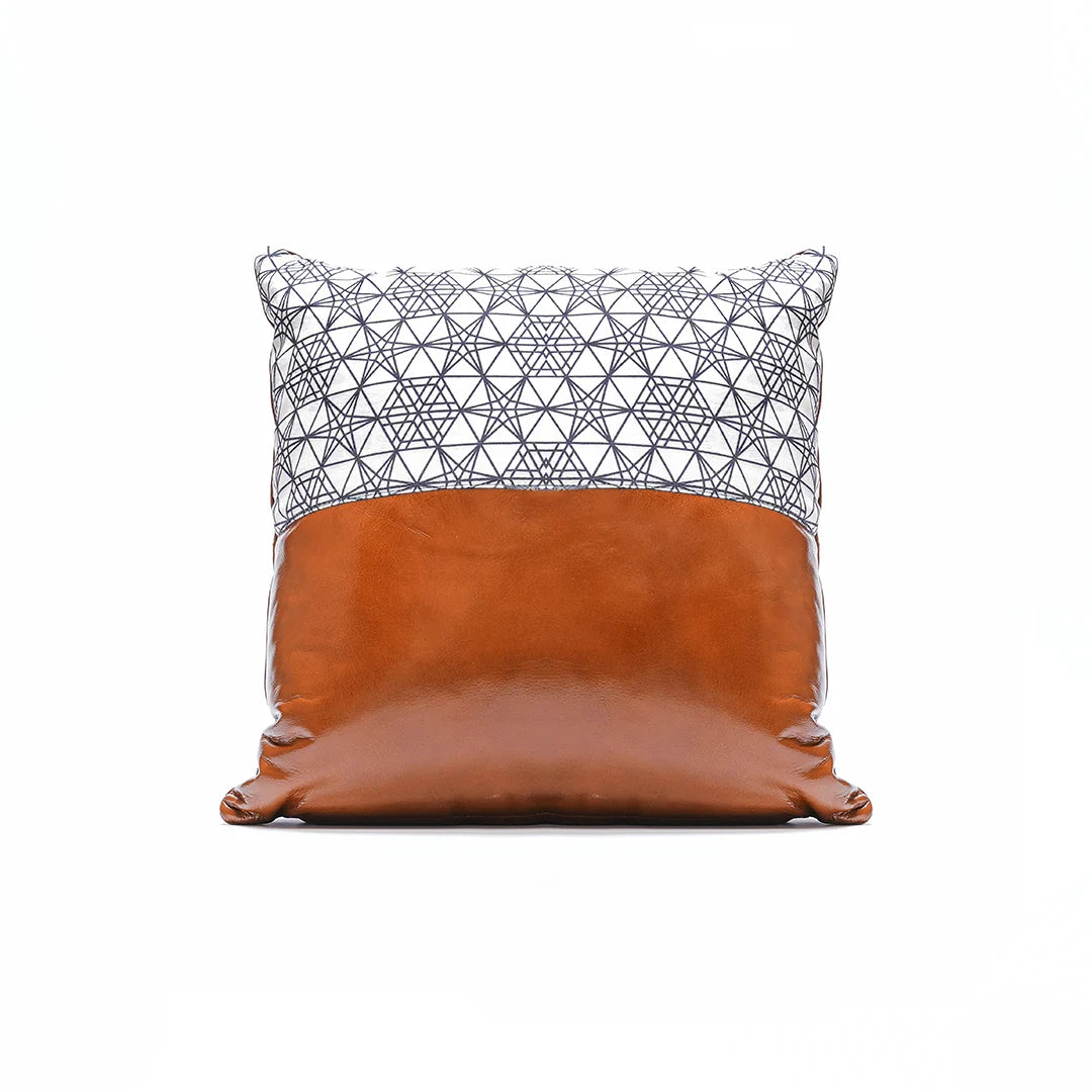 Geometric Fabric & Tan Genuine Leather Cushion