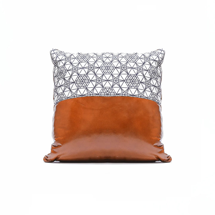 Geometric Fabric & Tan Genuine Leather Cushion