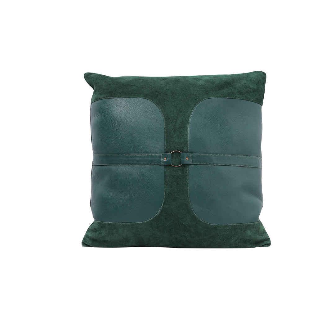 Green cushion with leather accents on a white background

