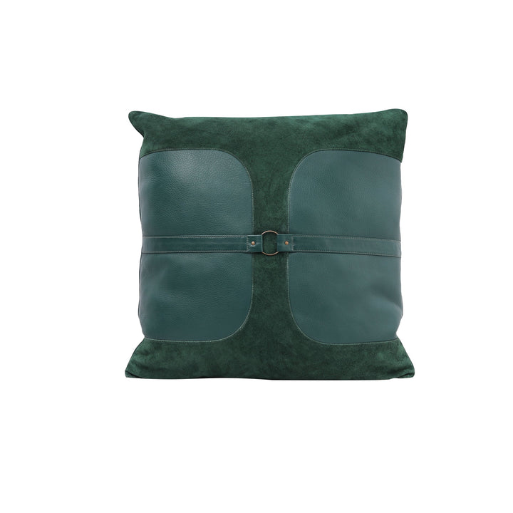 Green cushion with leather accents on a white background

