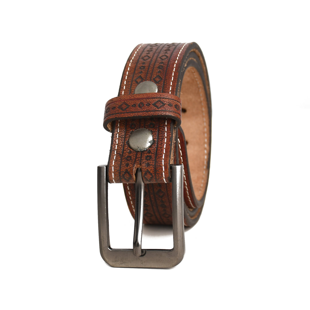Brown leather belt with decorative stitching on a white background