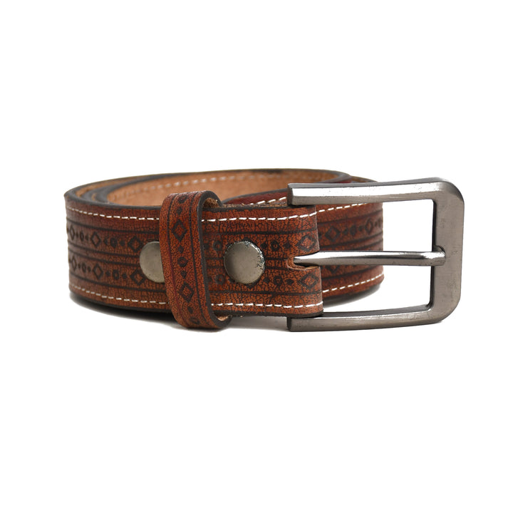 Brown leather belt with intricate design and silver buckle on a white background