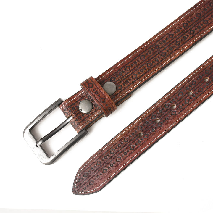 Brown leather belt with silver buckle on a white background