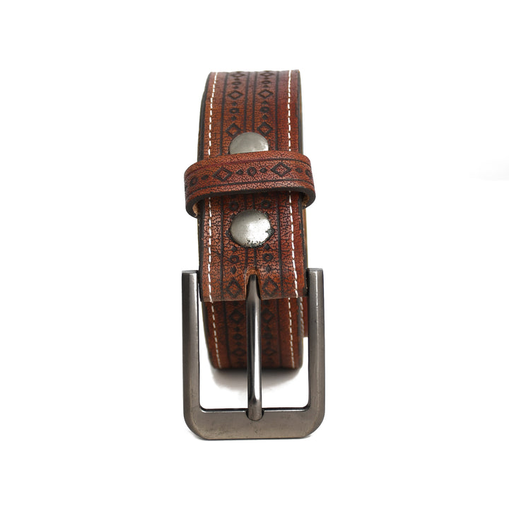 Brown leather belt with a silver buckle on a white background