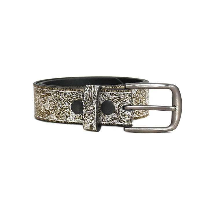 Decorative belt with floral patterns and metallic buckle on a white background