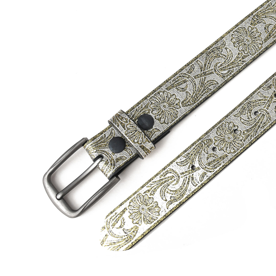 Decorative belt with floral pattern and metallic buckle on a white background
