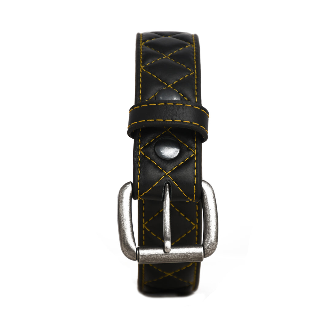 Black leather belt with yellow stitching on a white background