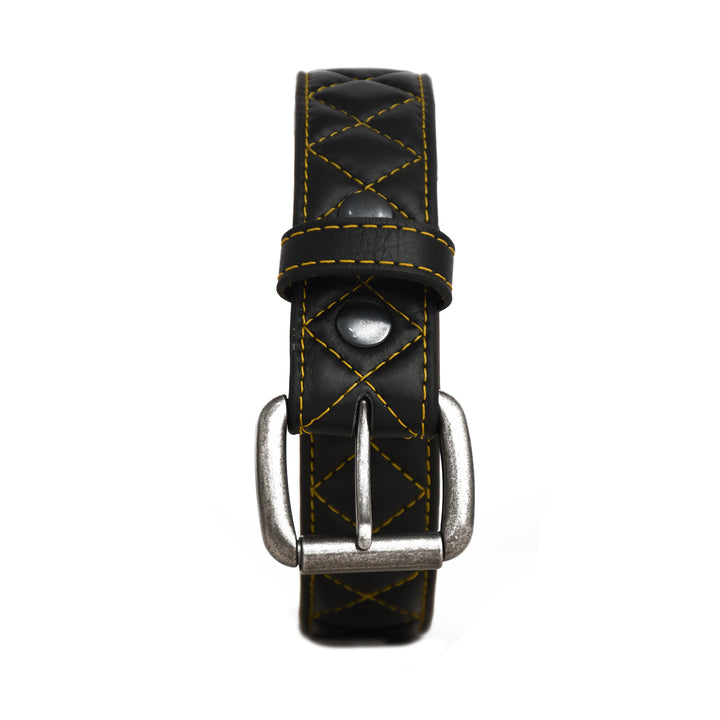 Black leather belt with yellow stitching on a white background