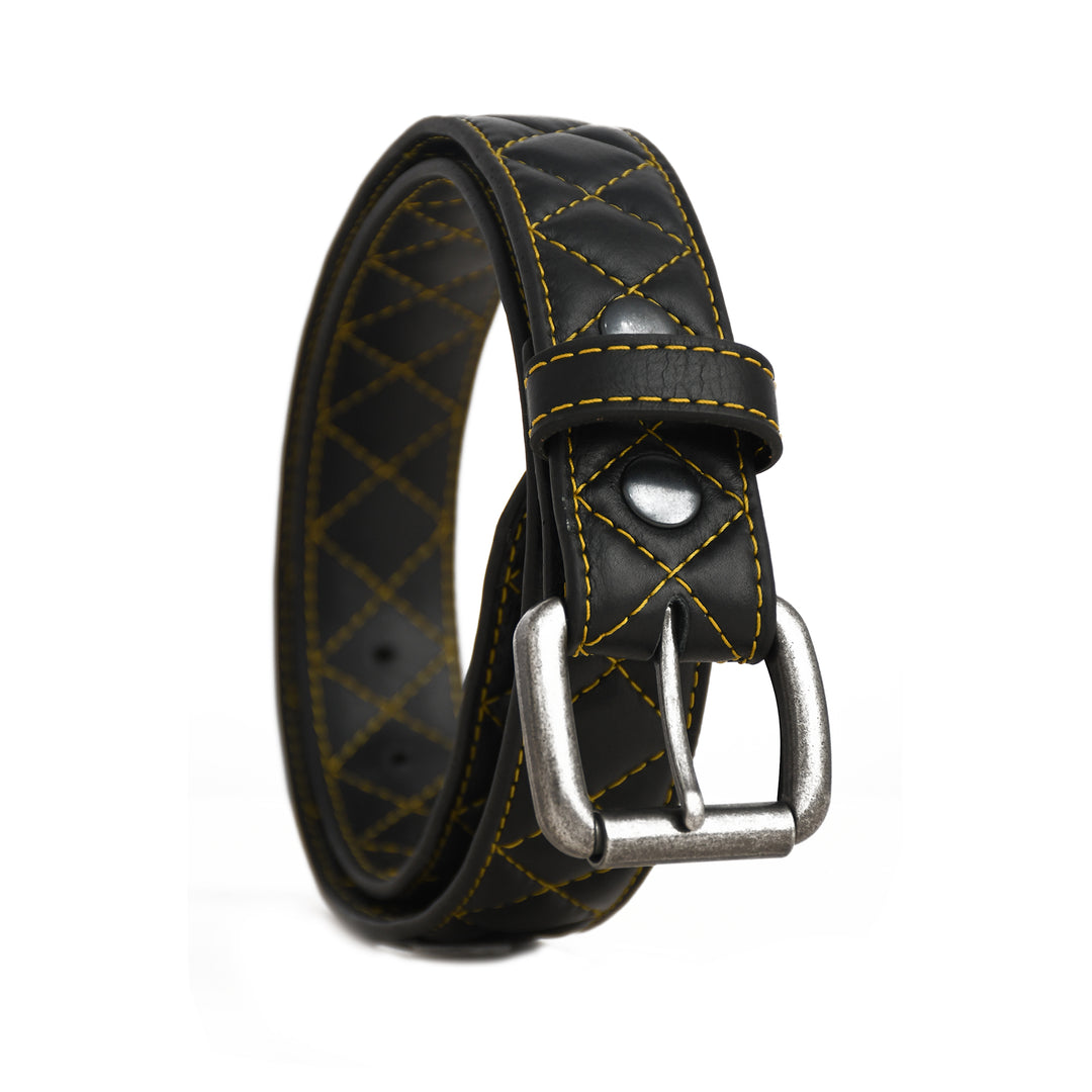 Black leather belt with yellow stitching and silver buckle on a white background