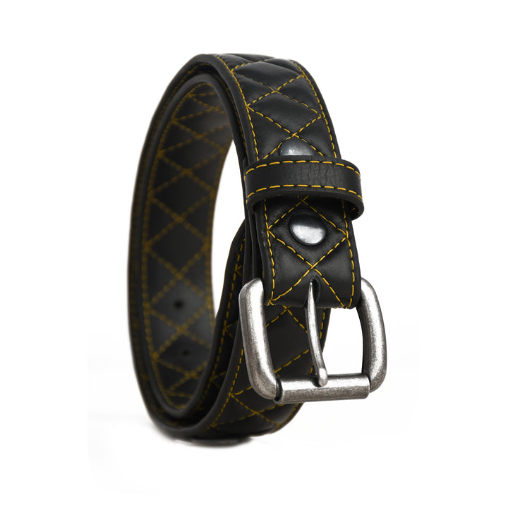 Black leather belt with yellow stitching and silver buckle on a white background