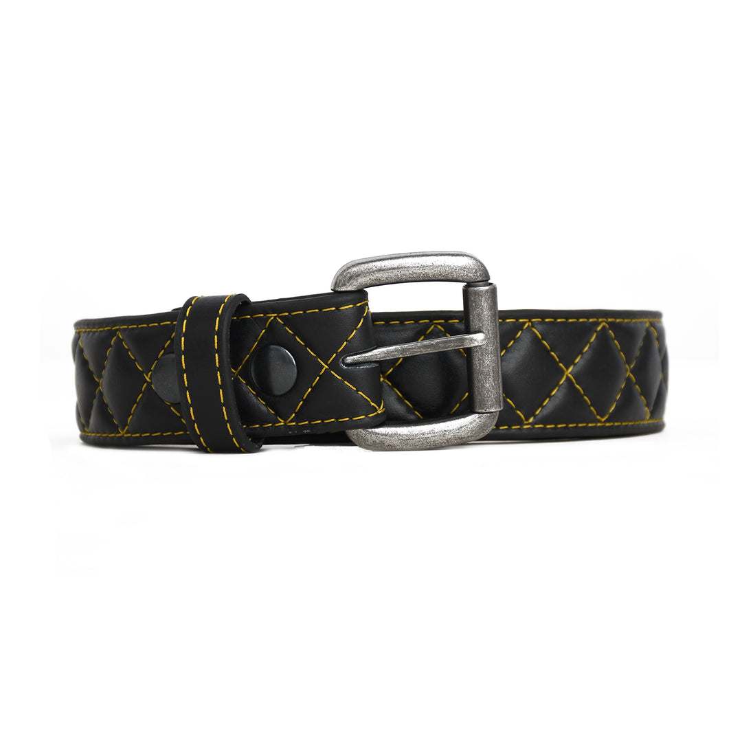 Black leather dog collar with yellow stitching and silver buckle on a white background