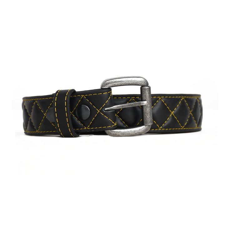 Black leather dog collar with yellow stitching and silver buckle on a white background