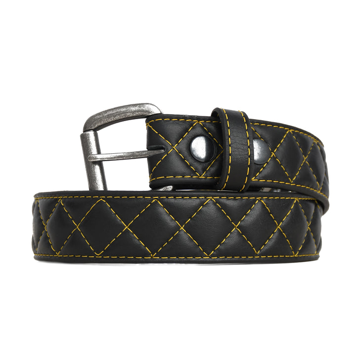 Black quilted leather belt with a silver buckle on a white background