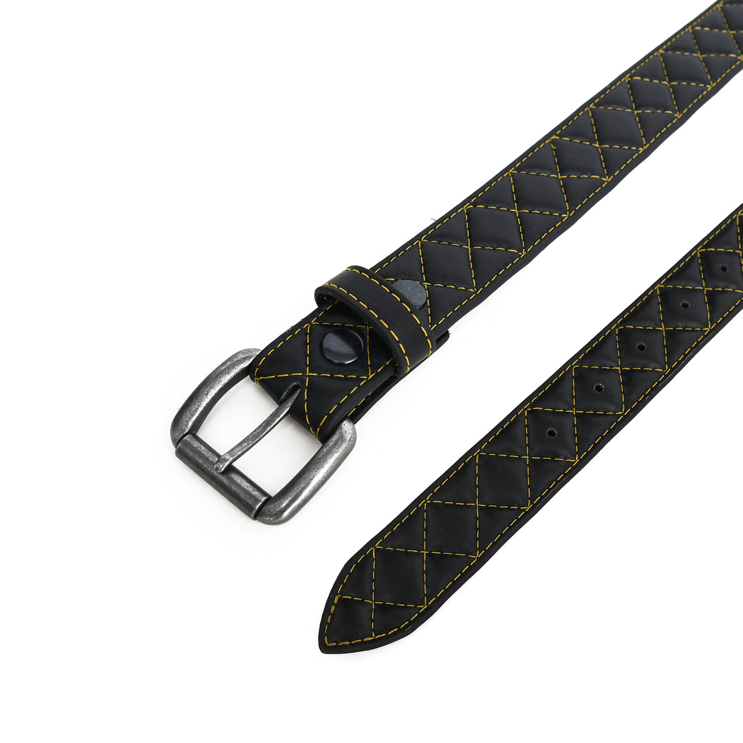 Black leather belt with yellow stitching on a white background