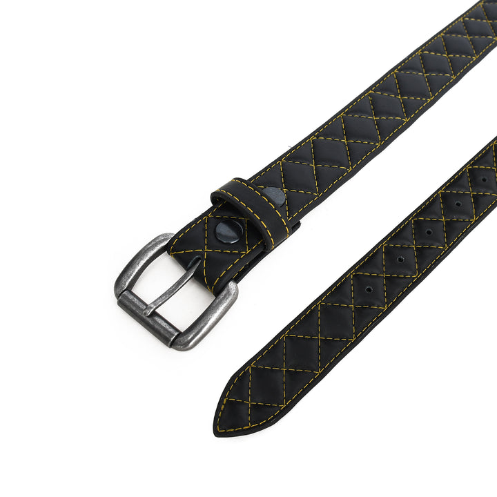 Black leather belt with yellow stitching on a white background