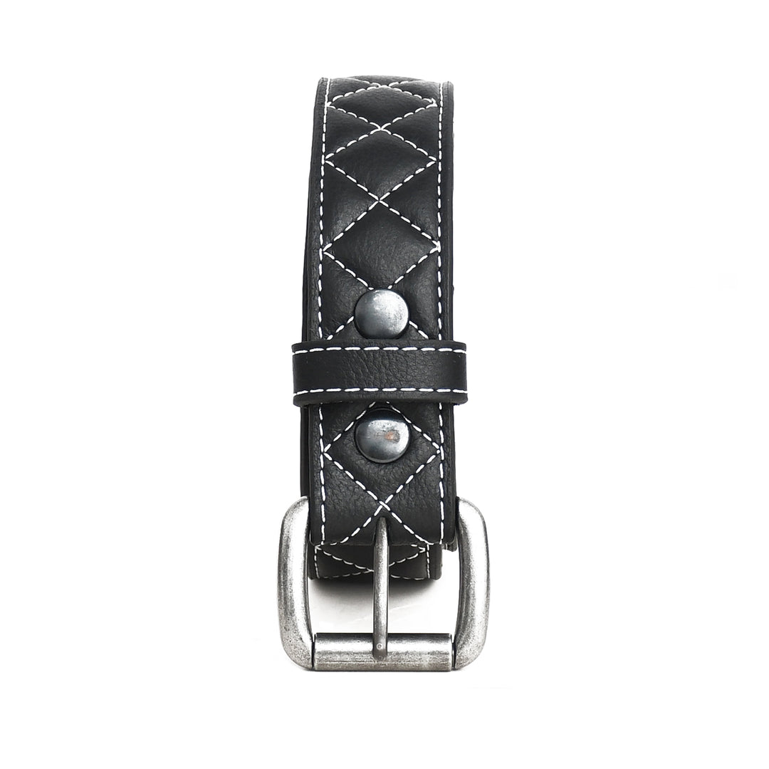 Black leather belt with silver buckle on a white background