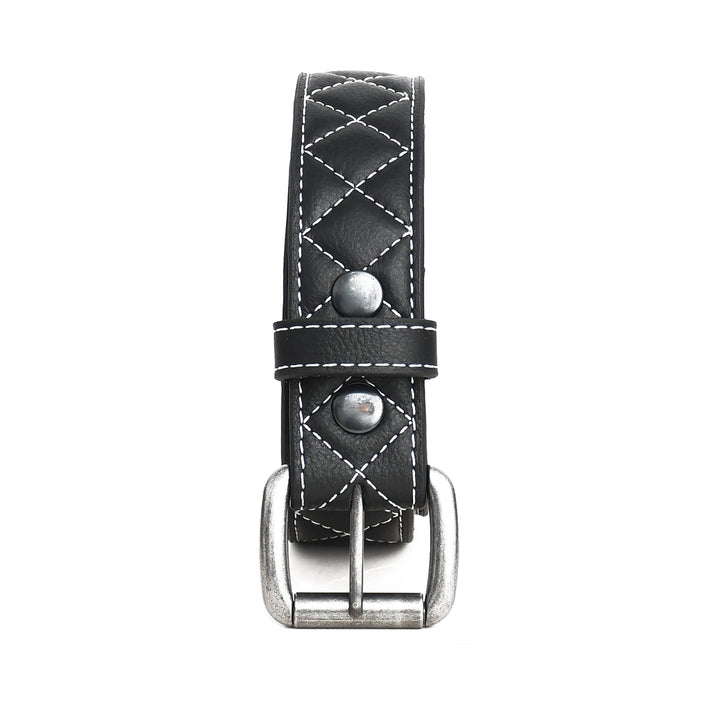 Black leather belt with silver buckle on a white background