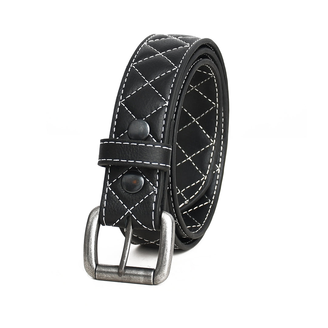 Black leather belt with silver buckle on a white background