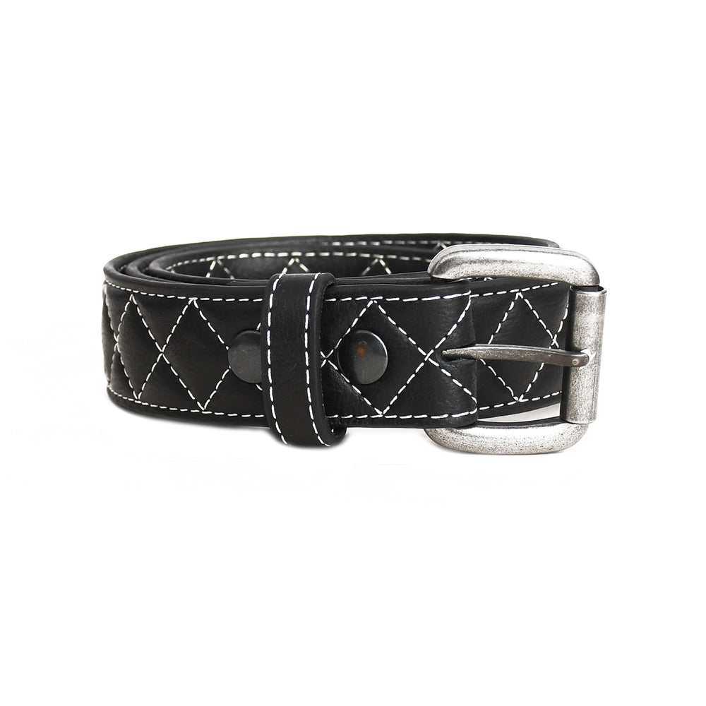 Black leather belt with white stitching and silver buckle on a white background