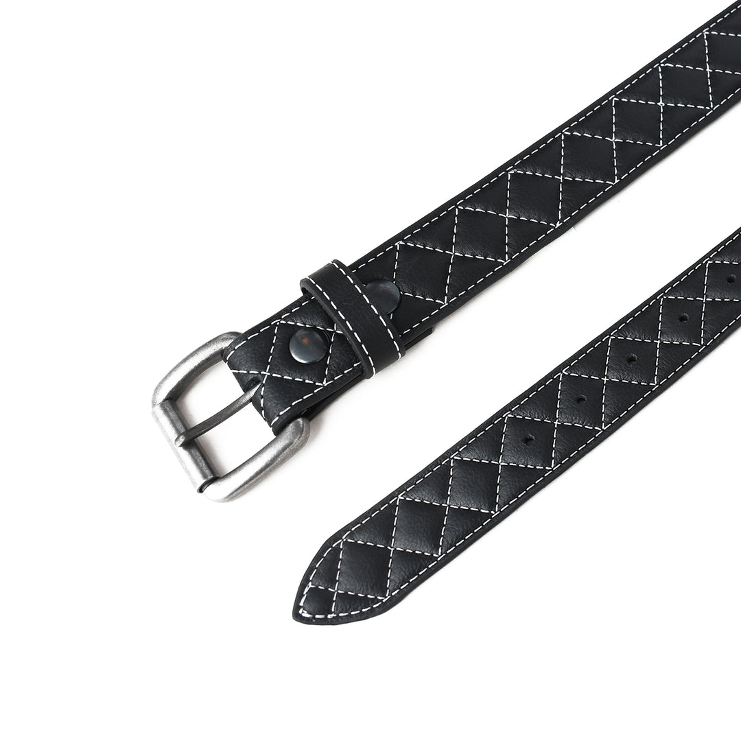 Black quilted leather belt with silver buckle on a white background