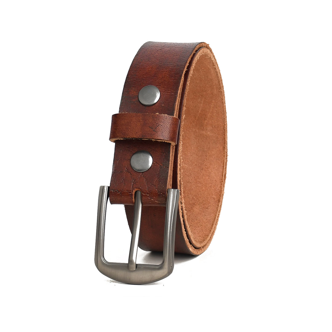 Brown leather belt with silver buckle on a white background