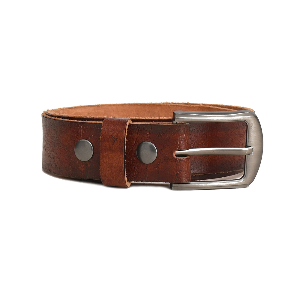 Brown leather belt with silver buckle on a white background