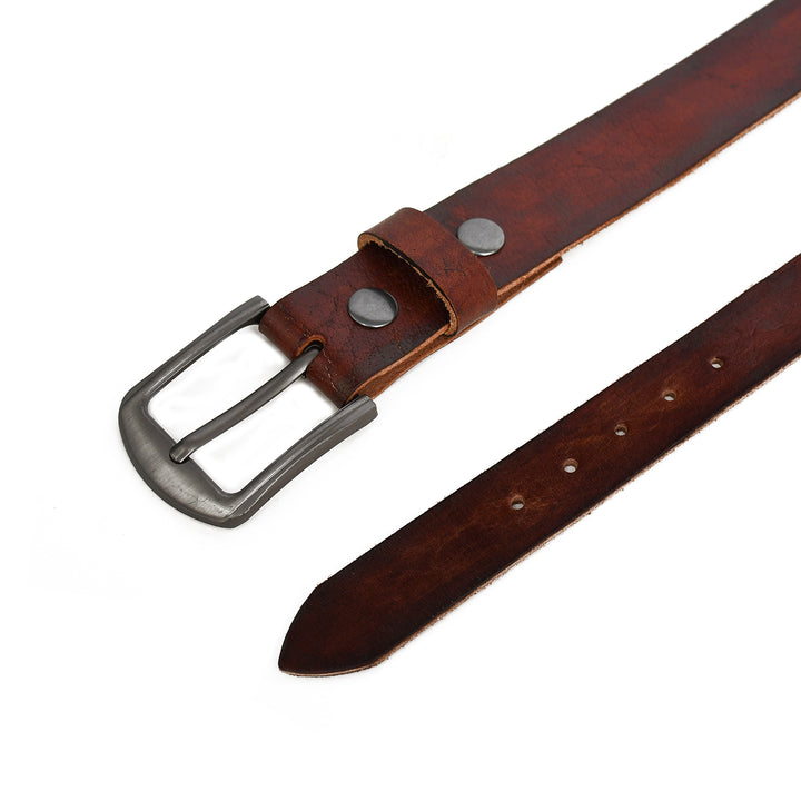 Brown leather belt with silver buckle on a white background