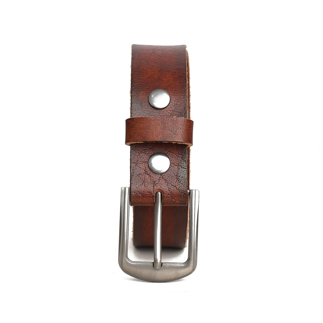 Brown leather belt with silver buckle on a white background