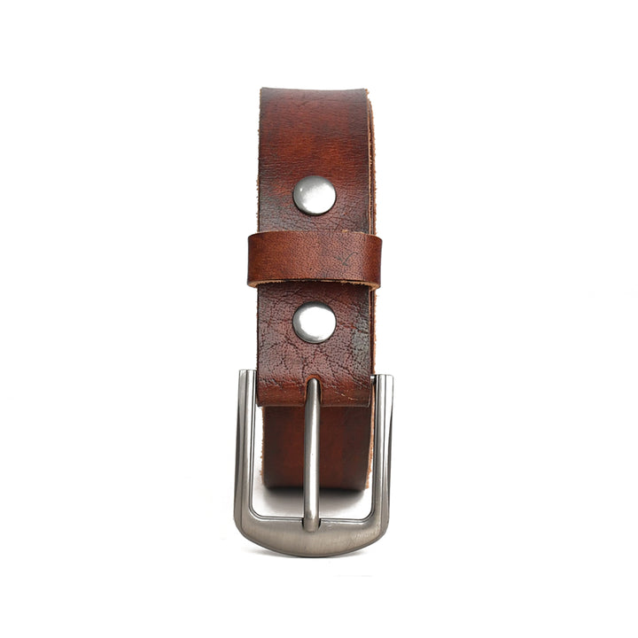 Brown leather belt with silver buckle on a white background