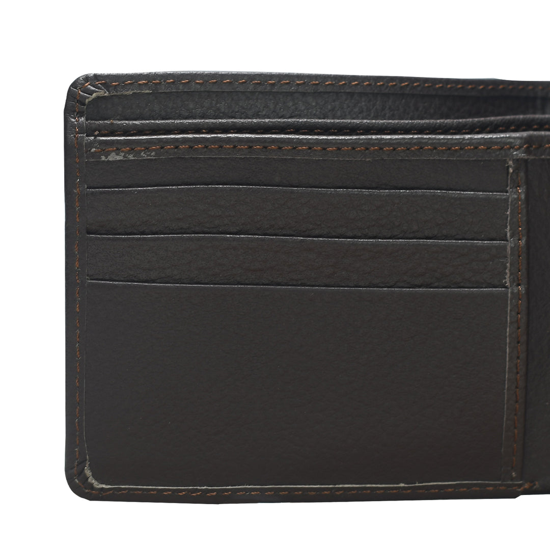 Close-up of a black leather wallet with card slots on a white background