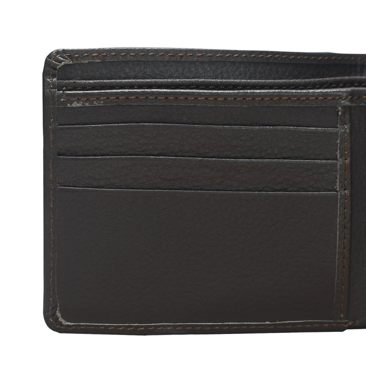 Close-up of a black leather wallet with card slots on a white background