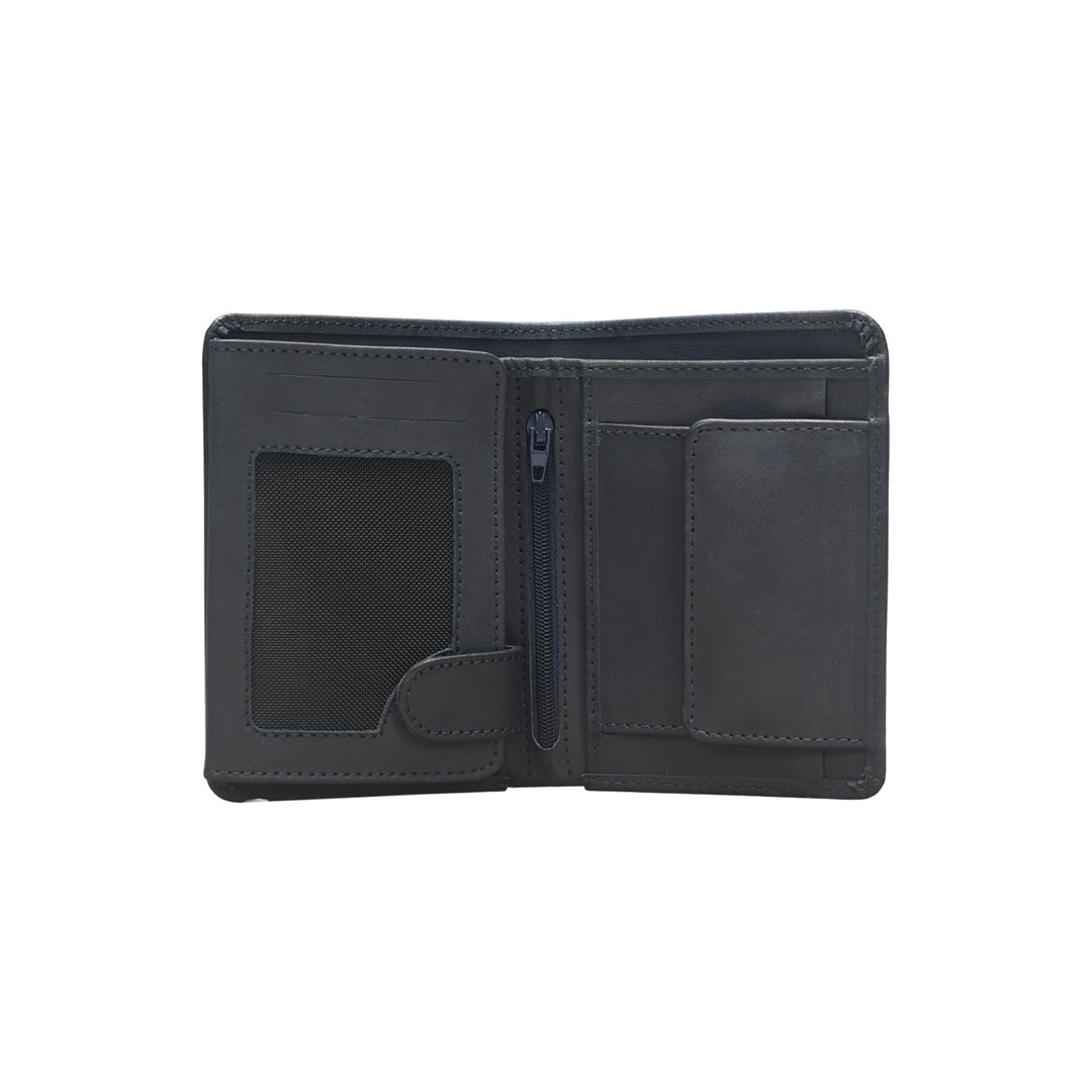 Black leather wallet open on a white background