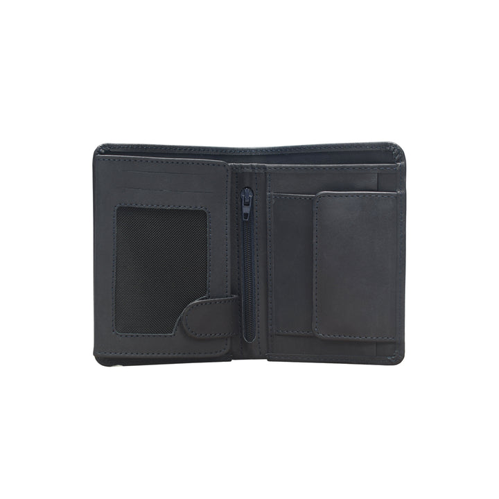 Black leather wallet open on a white background