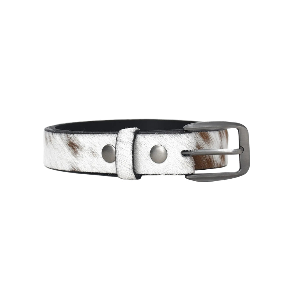 Leather belt with a silver buckle on a white background