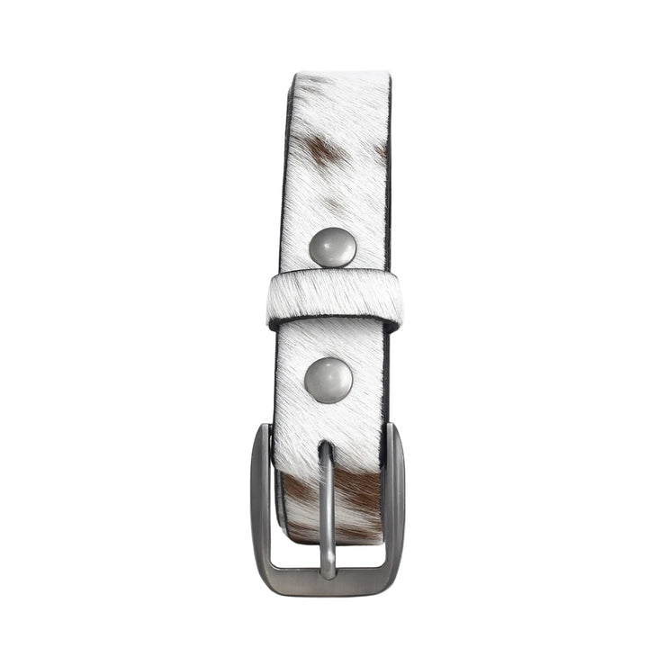 White leather belt with brown accents and silver buckle on a white background