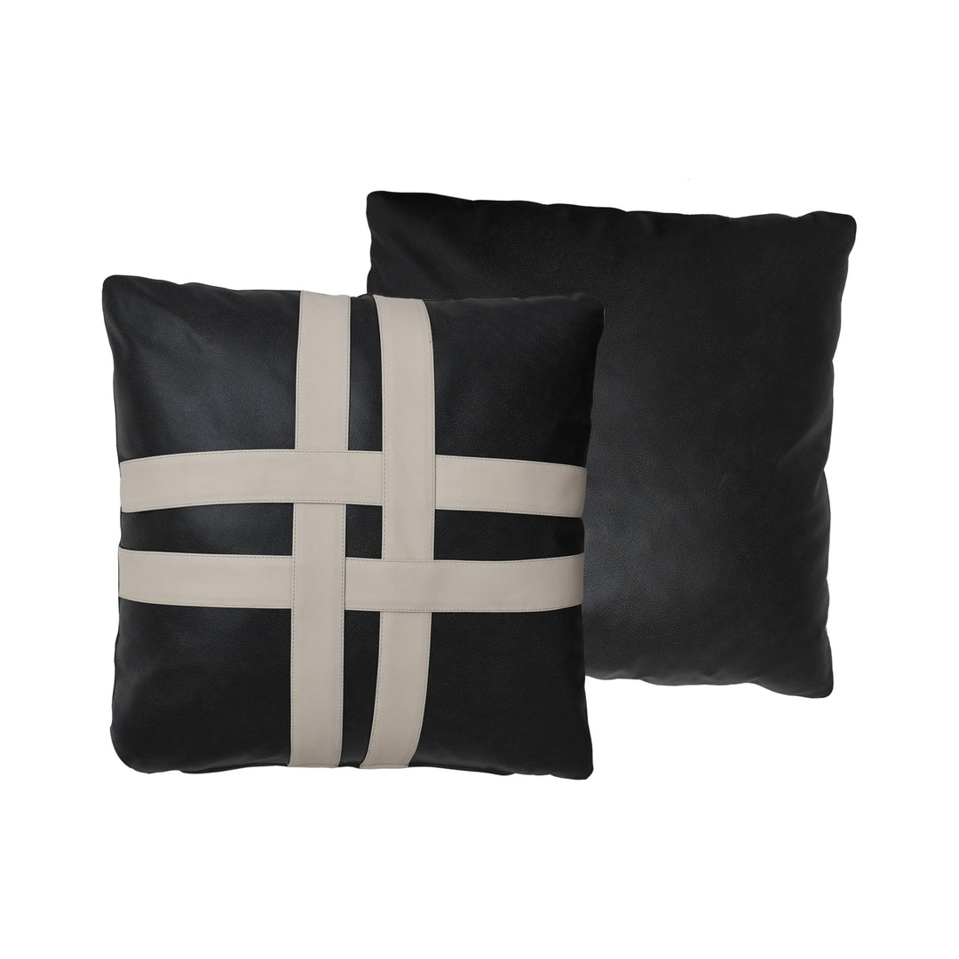Two black pillows with beige cross patterns on a white background