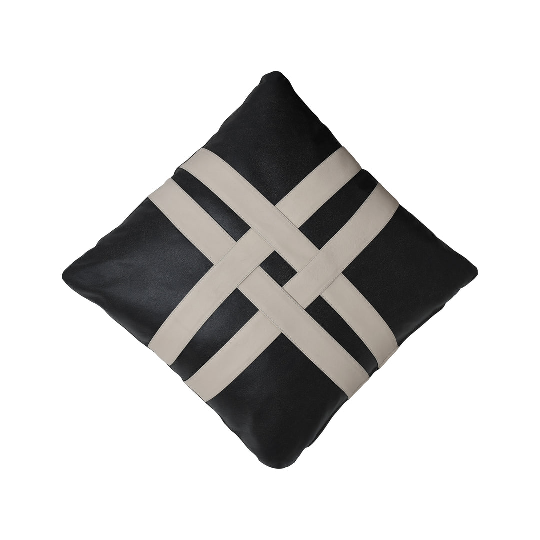 Black and beige woven patterned pillow on a white background