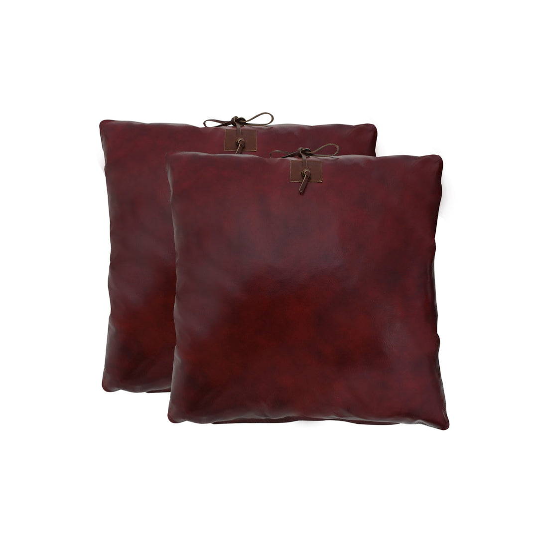 Two brown leather pillows on a white background