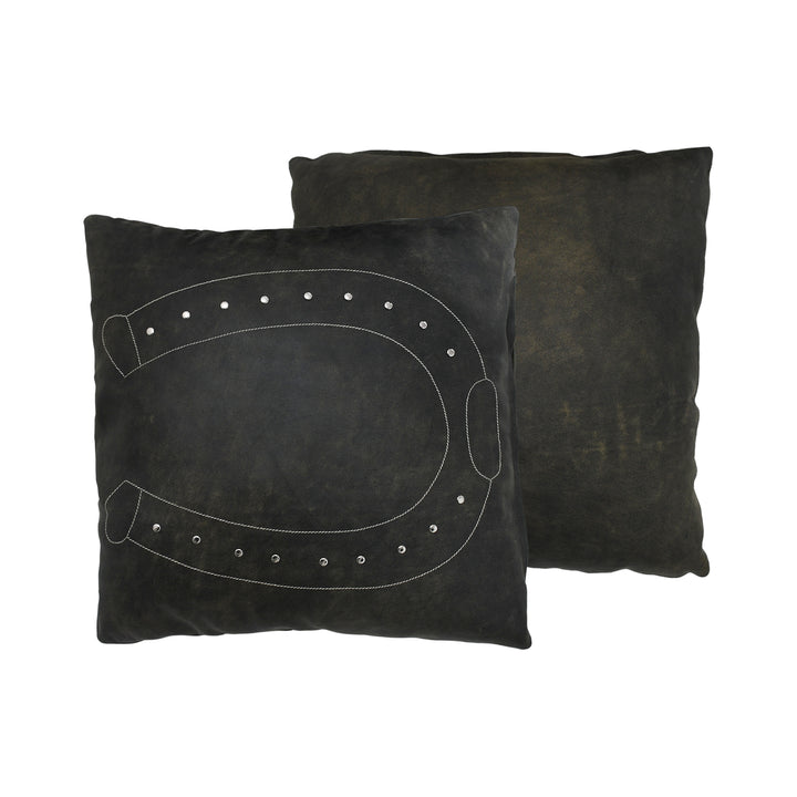 Two black pillows with horseshoe design on a white background