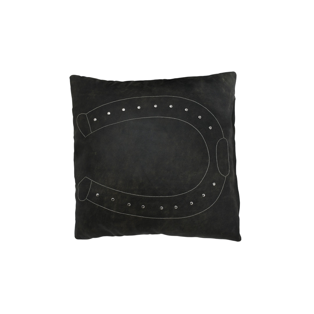 Black pillow with studded design on a white background