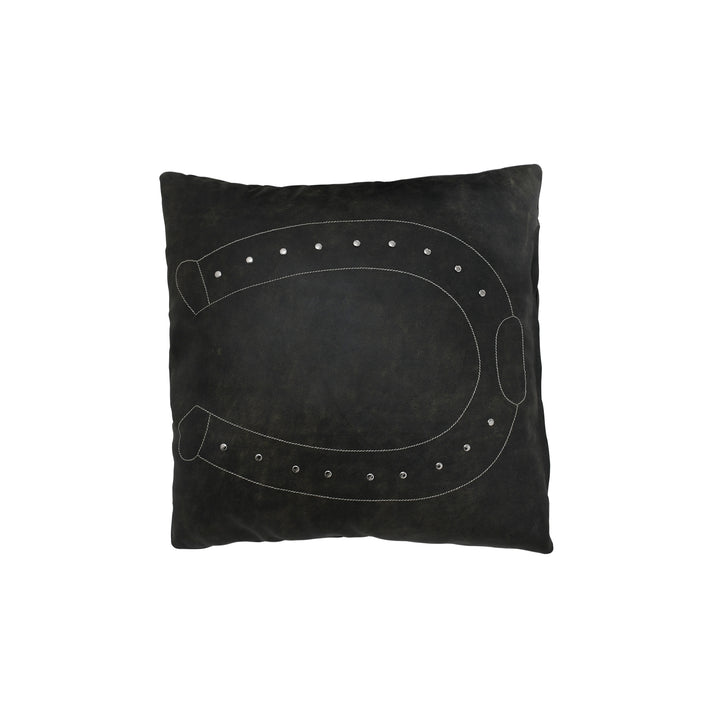 Black pillow with studded design on a white background