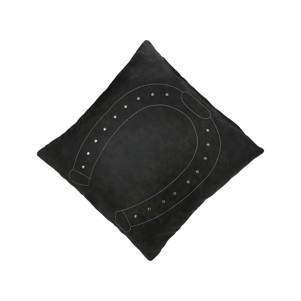 Black cushion with a horseshoe design on a white background