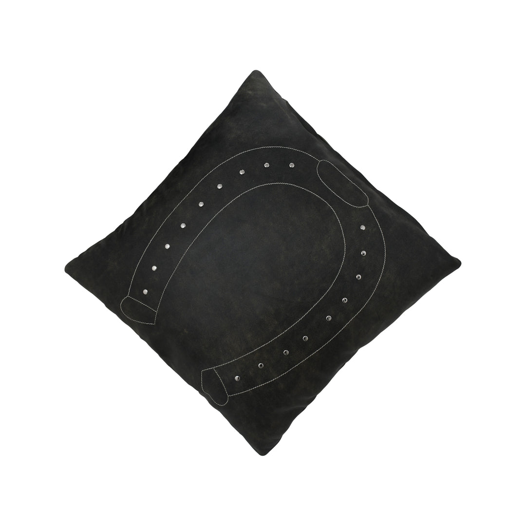 Black cushion with a horseshoe design on a white background