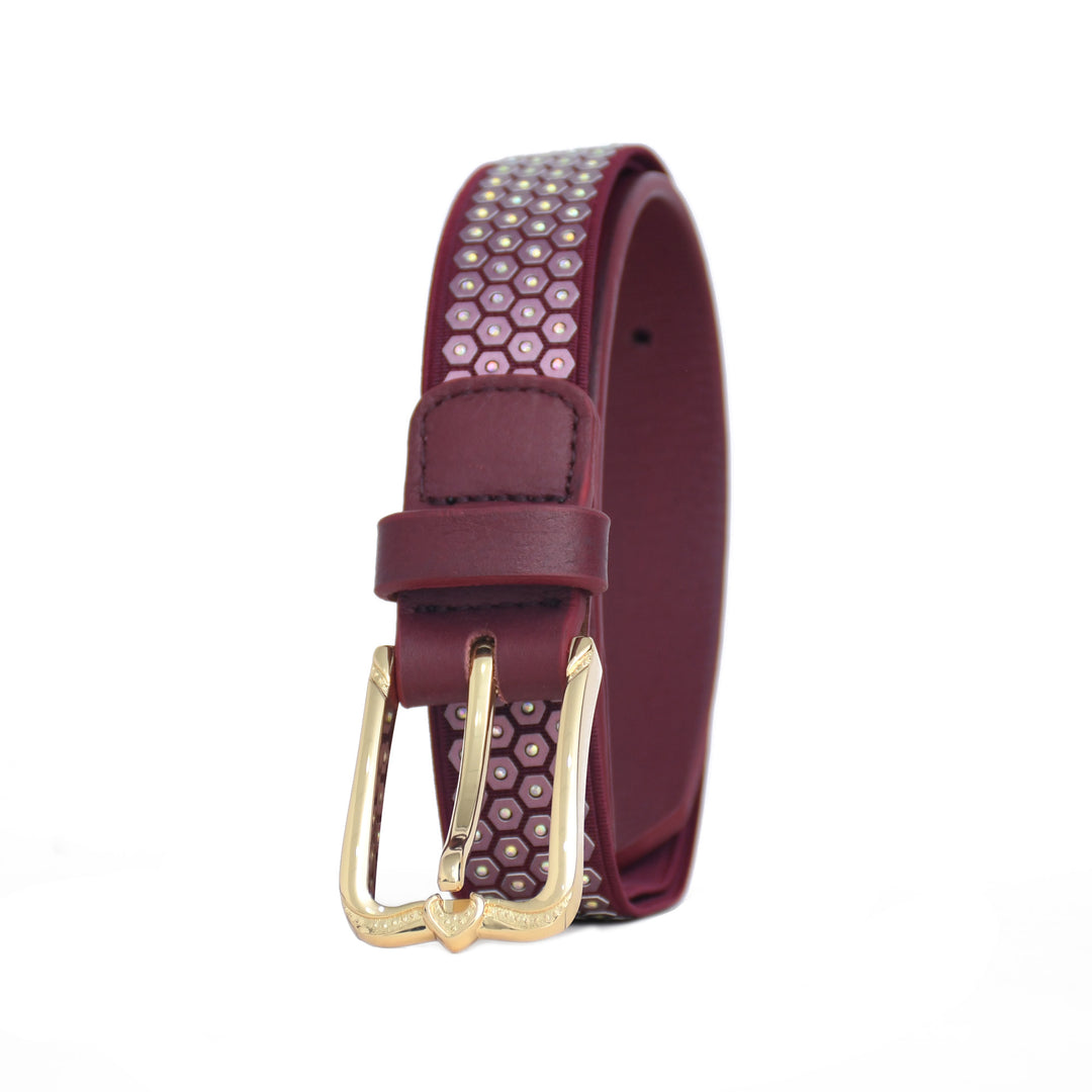 Maroon belt with gold buckle and studded detail on a white background