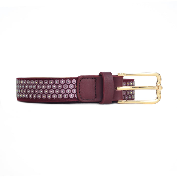 Burgundy belt with gold buckle on a white background