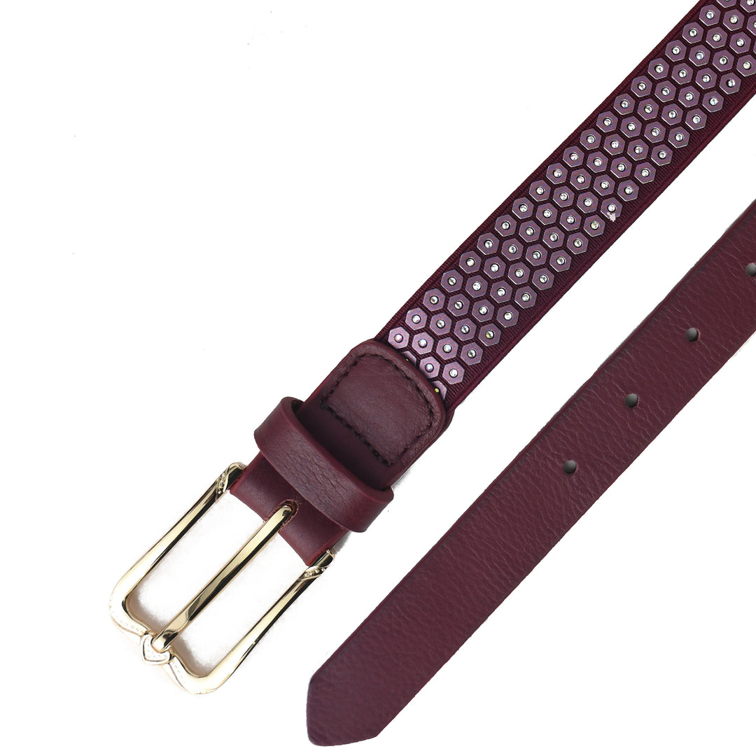 Burgundy belt with a gold buckle on a white background