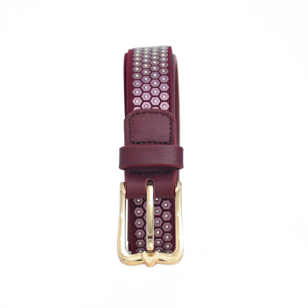 Burgundy leather belt with gold buckle on a white background