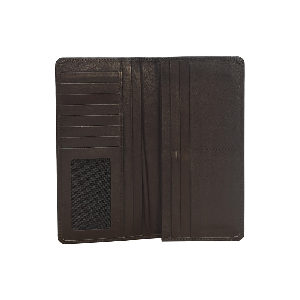 Brown leather wallet with multiple card slots on a white background
